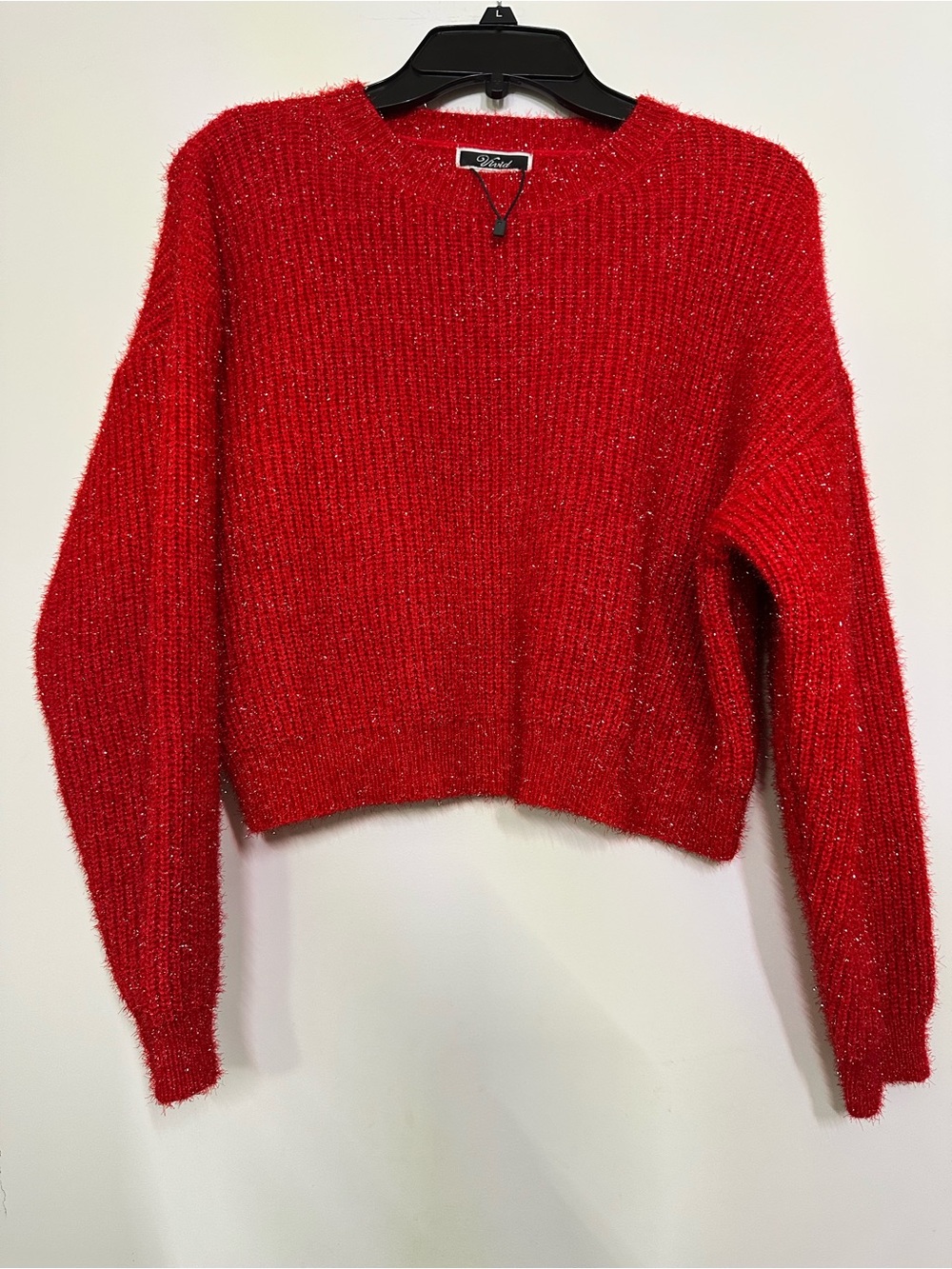 Vivid fuzzyRed Ribbed Cropped Crewneck Sweater